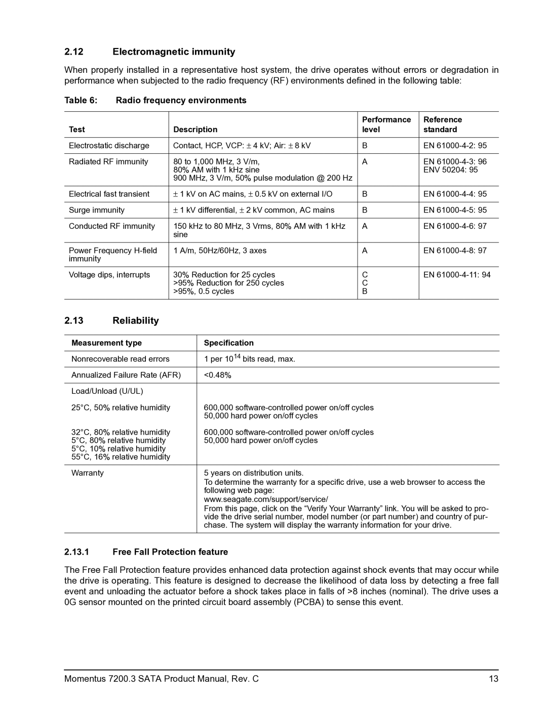 Seagate 7200.3 manual Electromagnetic immunity, Reliability, Radio frequency environments, Free Fall Protection feature 