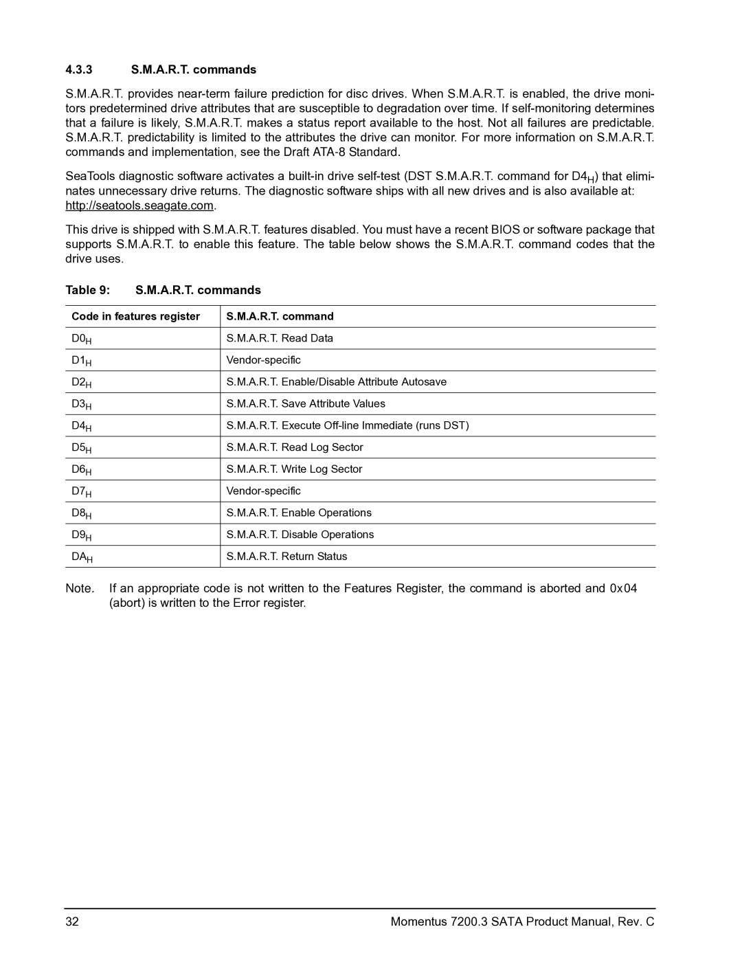 Seagate ST9250421AS, STBD1000100, ST980411ASG, ST9750420AS 3 S.M.A.R.T. commands, Code in features register A.R.T. command 