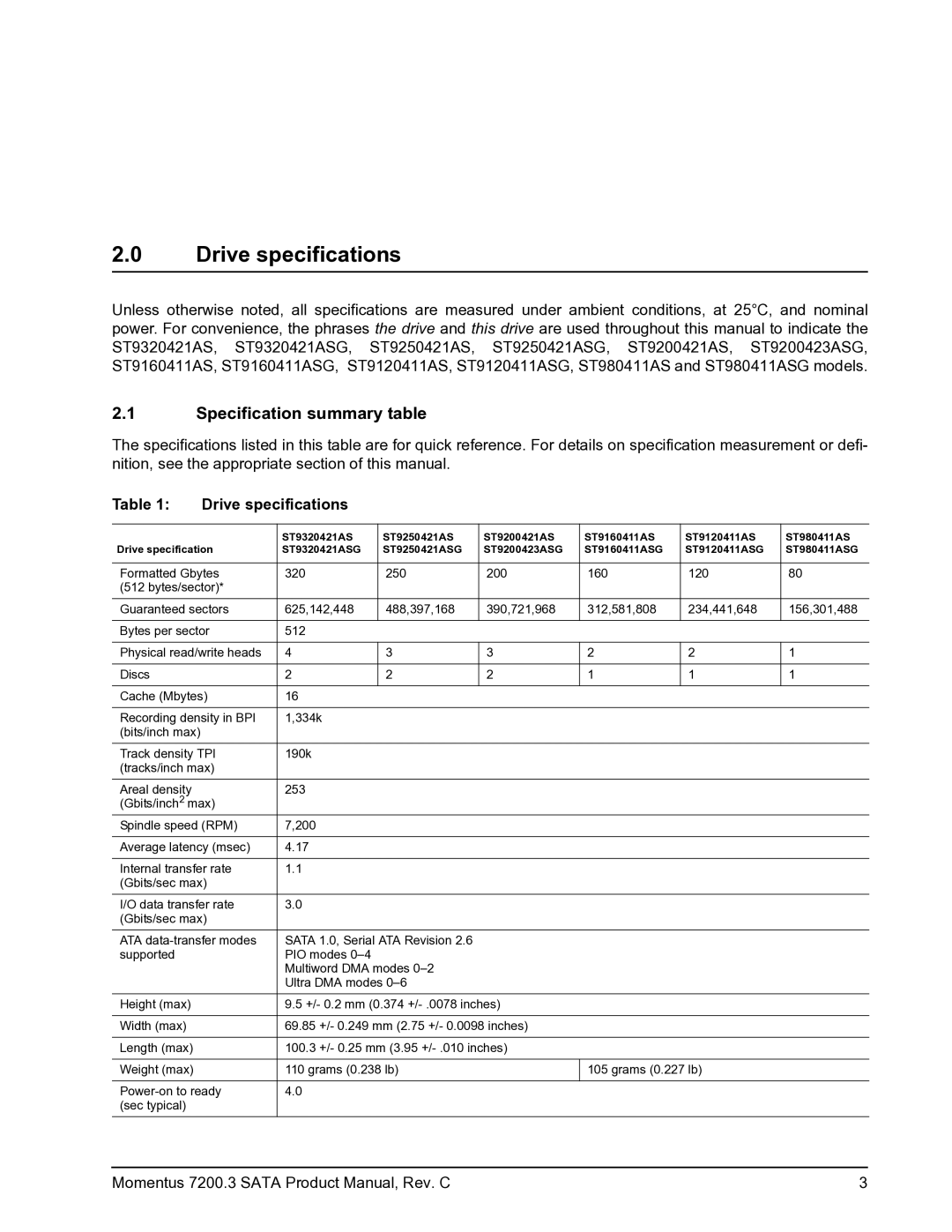 Seagate ST9200423ASG, STBD1000100, ST980411ASG, ST9750420AS, 7200.3 manual Drive specifications, Specification summary table 