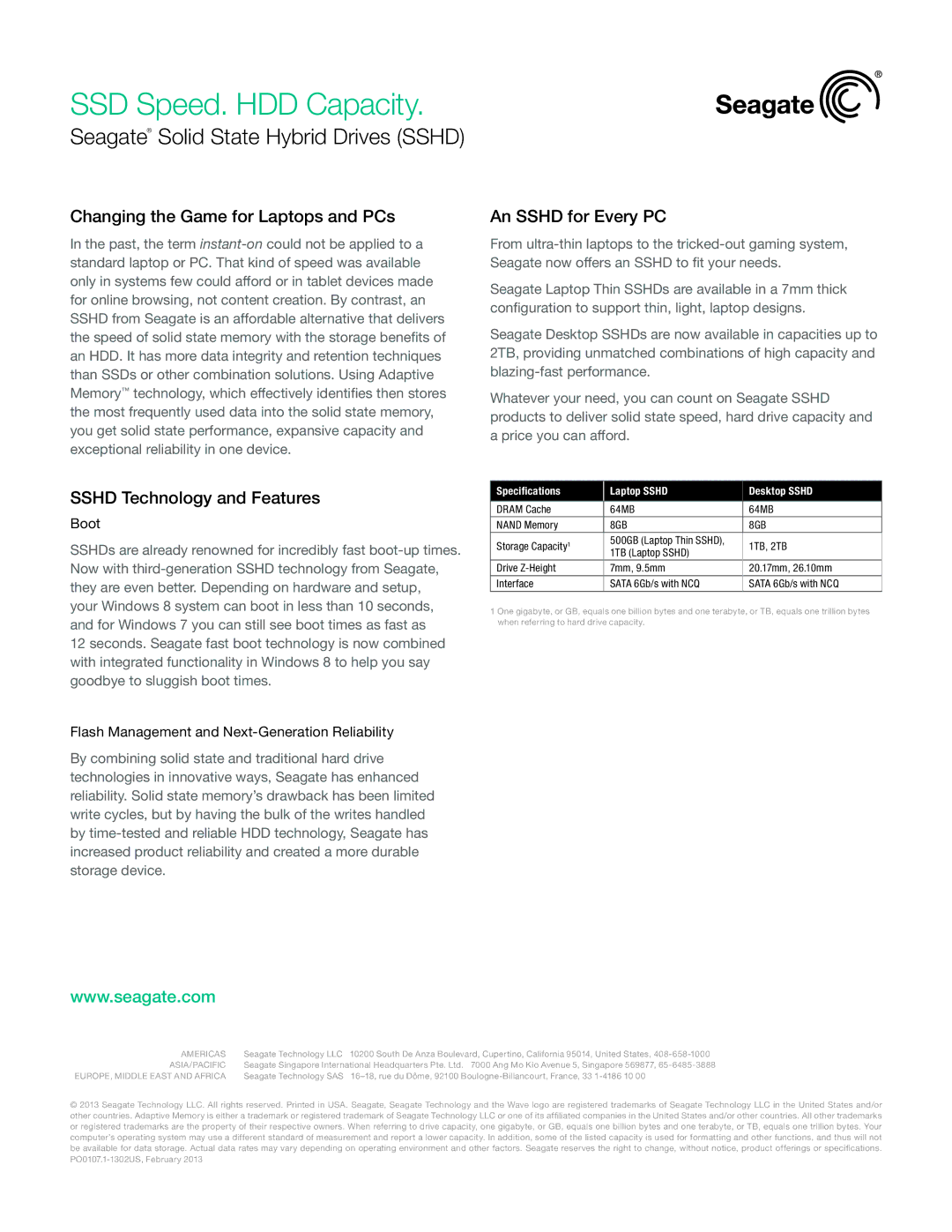 Seagate STBD1000400 Changing the Game for Laptops and PCs, An Sshd for Every PC, Sshd Technology and Features, Americas 