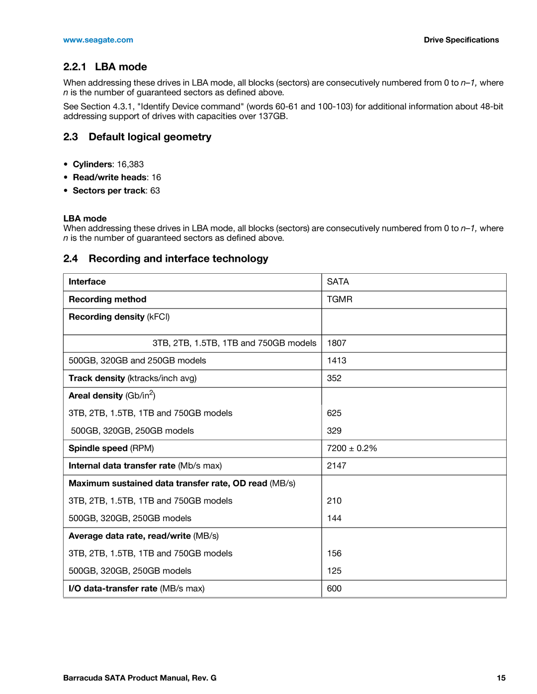 Seagate ST2000DM001, STBD3000100, STBD2000101 manual LBA mode, Default logical geometry, Recording and interface technology 