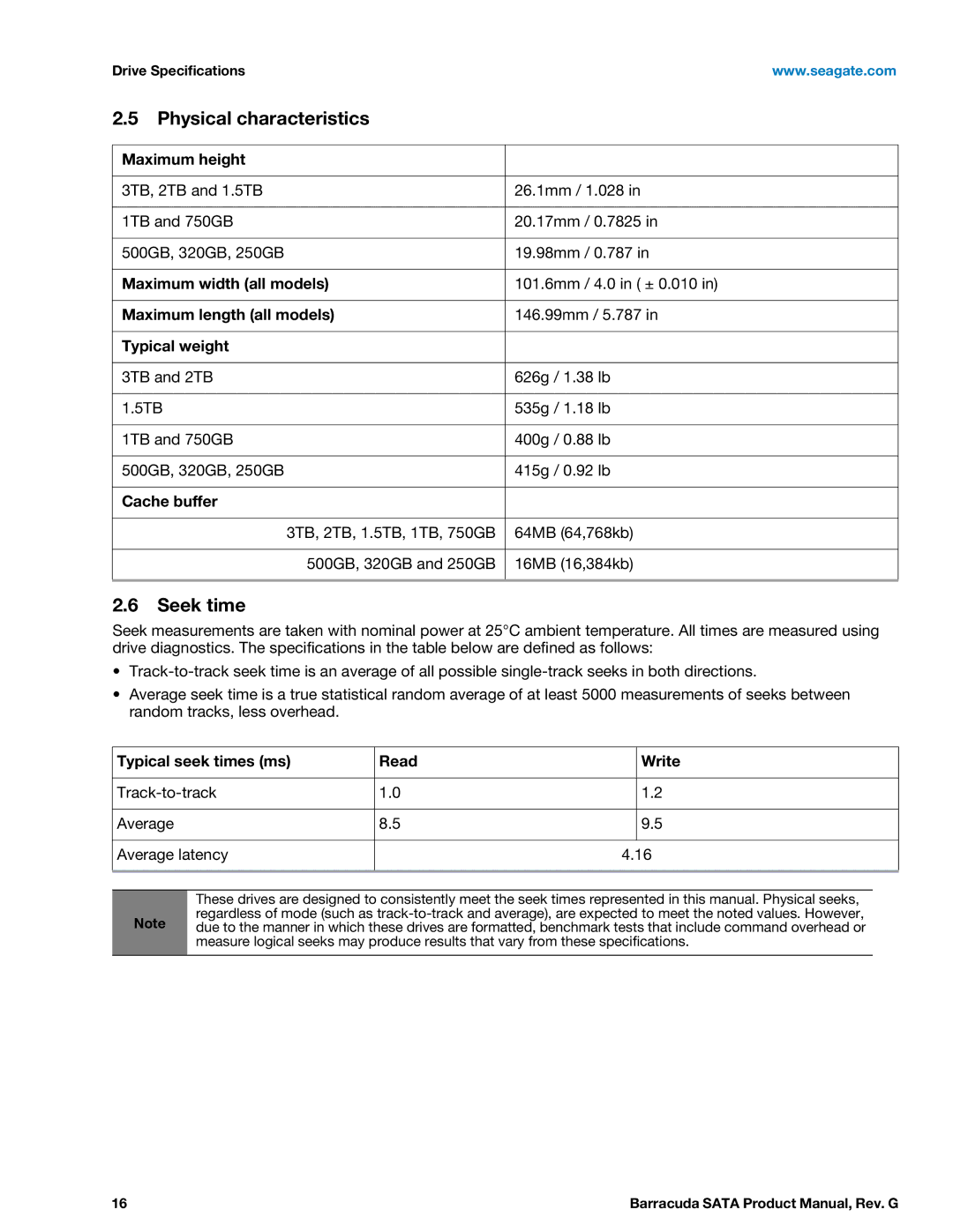 Seagate ST1500DM003, STBD3000100, STBD2000101, ST1000DM003, ST2000DM001, ST3000DM001 manual Physical characteristics, Seek time 