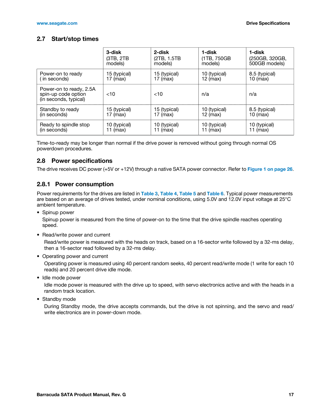 Seagate ST3000DM001, STBD3000100, STBD2000101, ST1000DM003 Start/stop times, Power specifications, Power consumption, Disk 