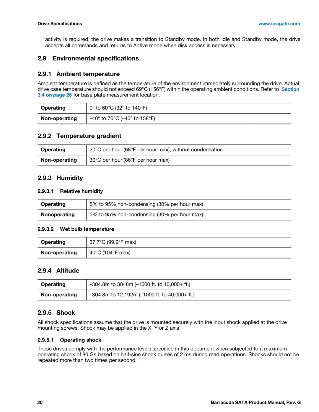 Seagate ST320DM000 manual Environmental specifications Ambient temperature, Temperature gradient, Humidity, Altitude, Shock 