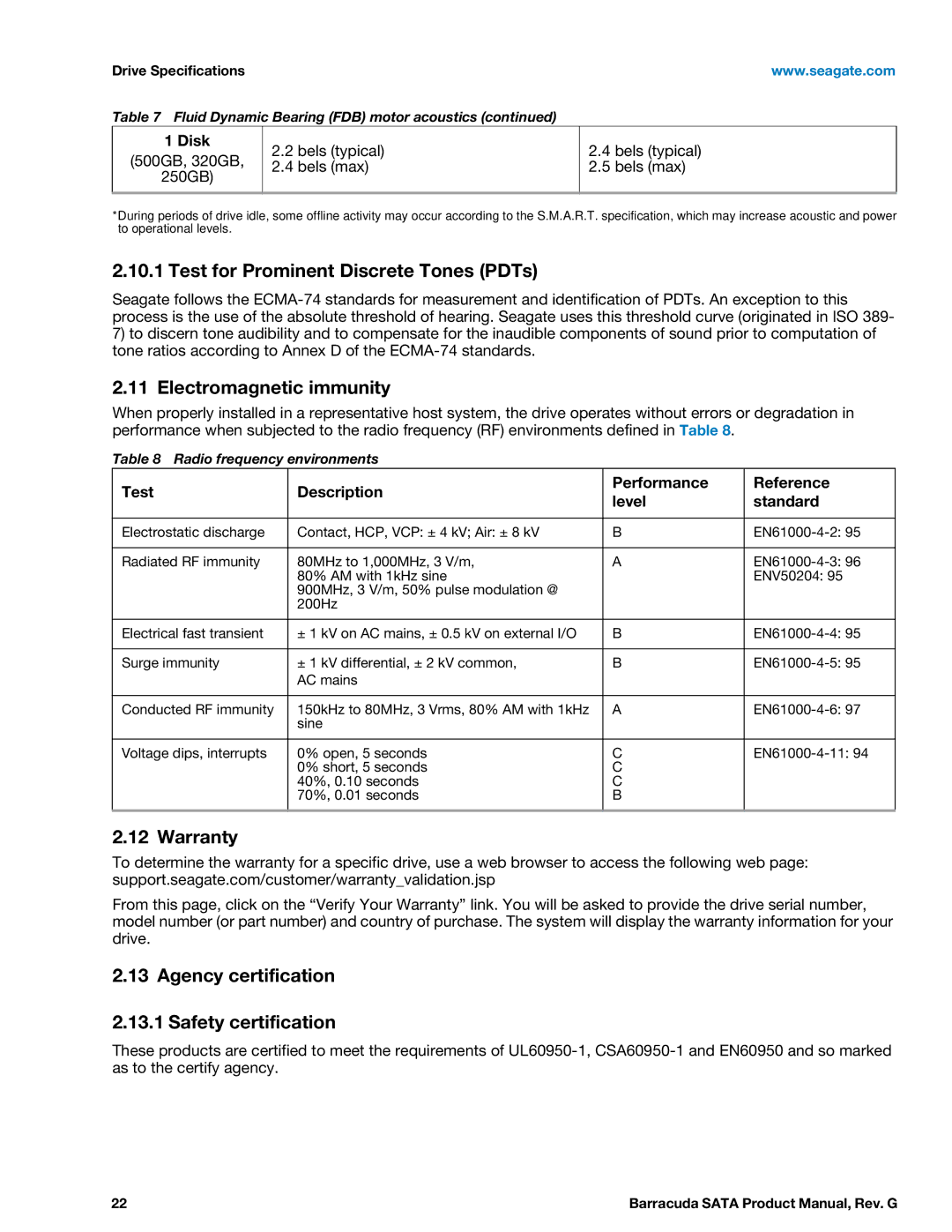 Seagate ST500DM002, STBD3000100, STBD2000101 Test for Prominent Discrete Tones PDTs, Electromagnetic immunity, Warranty 