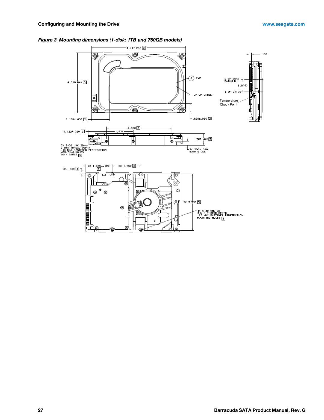 Seagate ST2000DM001, STBD3000100, STBD2000101, ST1000DM003, ST1500DM003 manual Mounting dimensions 1-disk 1TB and 750GB models 