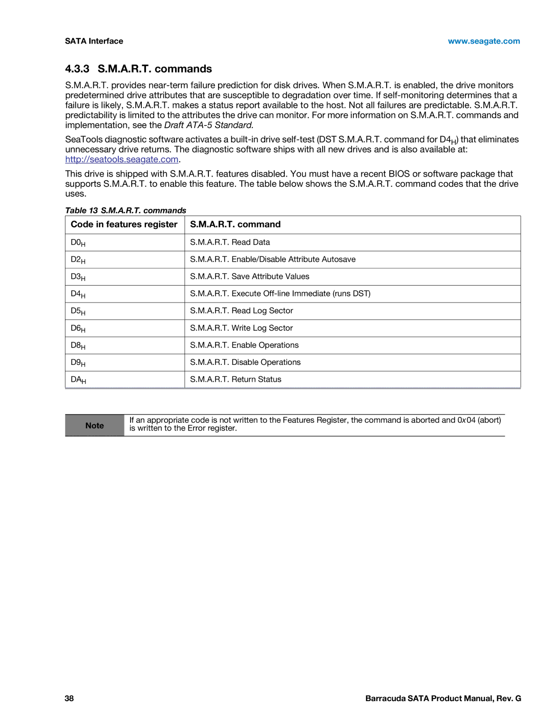 Seagate ST1000DM003, STBD3000100, STBD2000101, ST2000DM001 3 S.M.A.R.T. commands, Code in features register A.R.T. command 