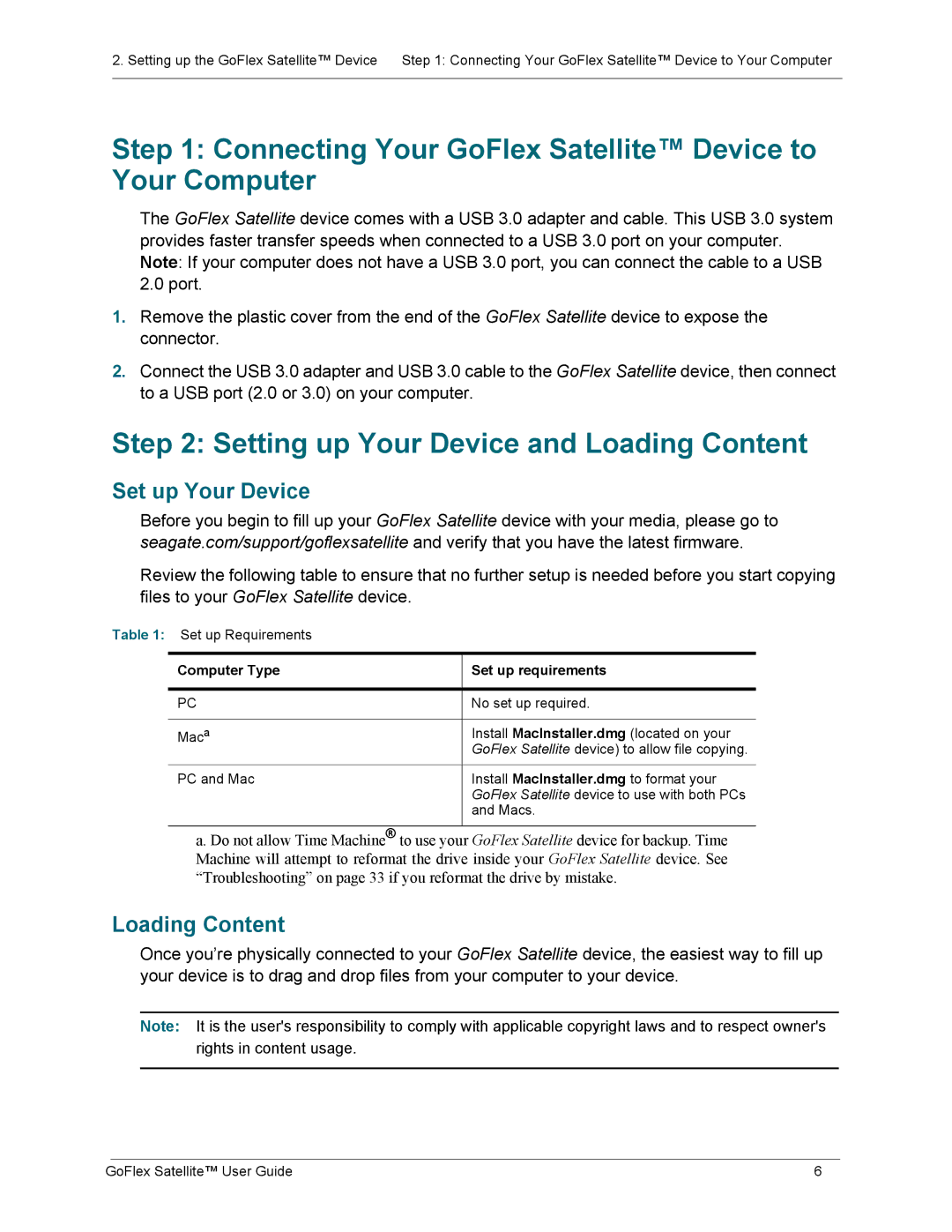 Seagate STBF500101 Connecting Your GoFlex Satellite Device to Your Computer, Setting up Your Device and Loading Content 