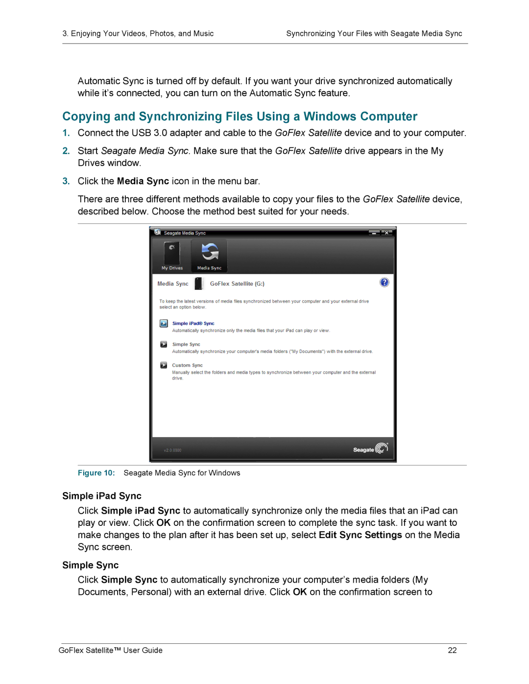 Seagate STBF500101 manual Copying and Synchronizing Files Using a Windows Computer, Simple iPad Sync, Simple Sync 