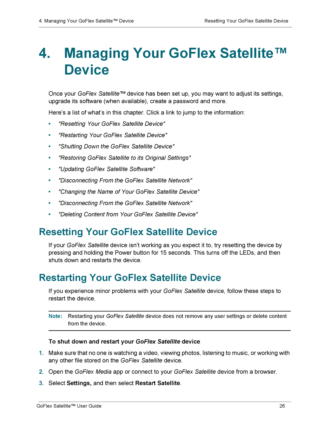 Seagate STBF500101 manual Managing Your GoFlex Satellite Device, Resetting Your GoFlex Satellite Device 