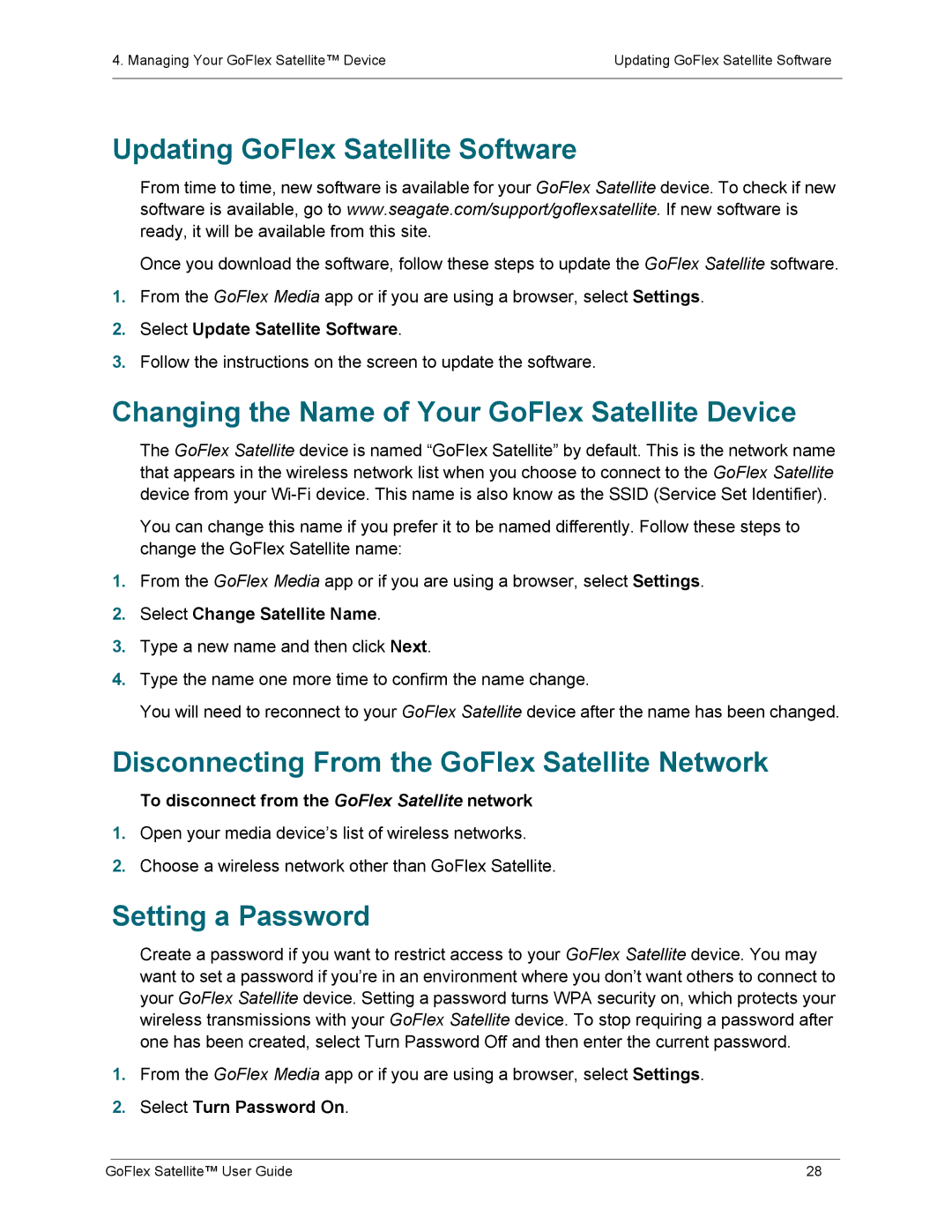 Seagate STBF500101 manual Updating GoFlex Satellite Software, Changing the Name of Your GoFlex Satellite Device 