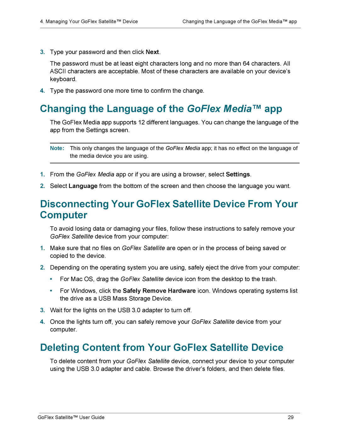 Seagate STBF500101 manual Changing the Language of the GoFlex Media app, Deleting Content from Your GoFlex Satellite Device 