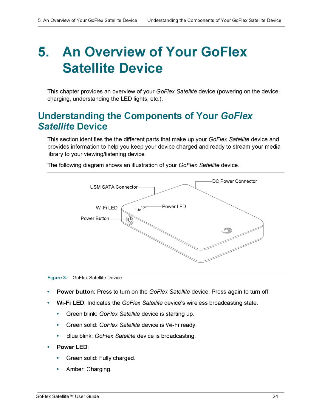 Seagate STBF500101 An Overview of Your GoFlex Satellite Device, Understanding the Components of Your GoFlex, Power LED 