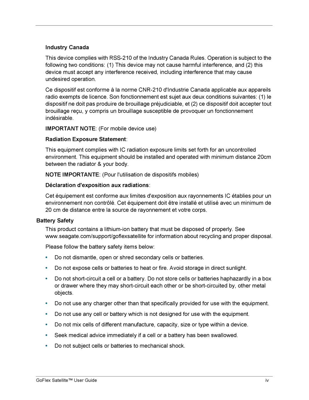 Seagate STBF500101 Industry Canada, Radiation Exposure Statement, Déclaration dexposition aux radiations, Battery Safety 