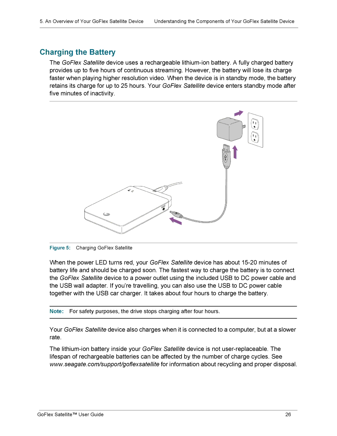 Seagate STBF500101 manual Charging the Battery, Charging GoFlex Satellite 