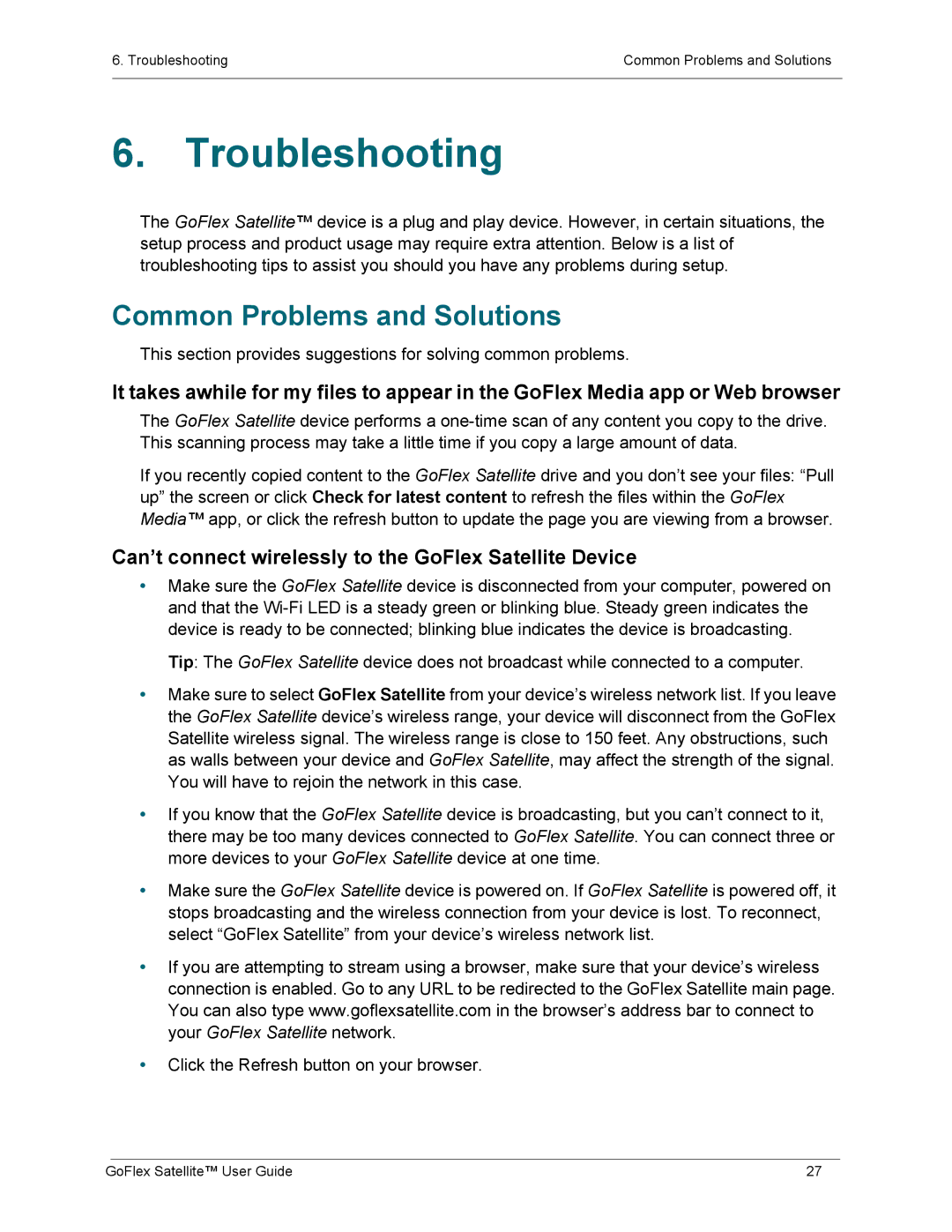 Seagate STBF500101 Troubleshooting, Common Problems and Solutions, Can’t connect wirelessly to the GoFlex Satellite Device 