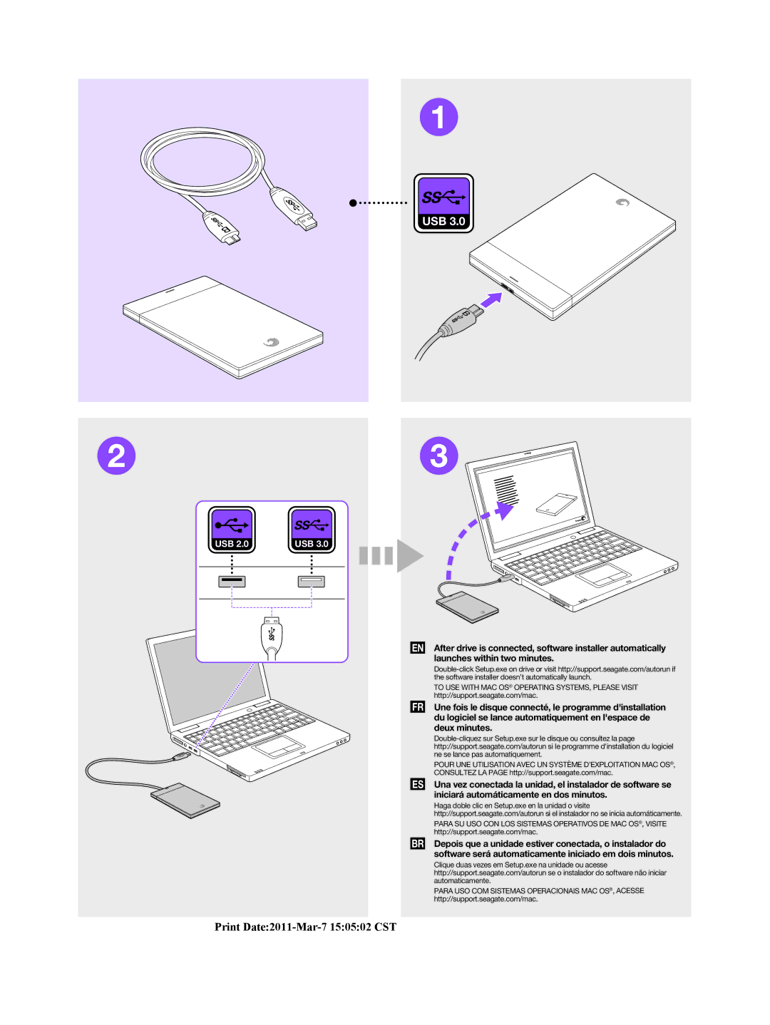 Seagate STBL320100 manual Usb, Print Date2011-Mar-7 150502 CST, Haga doble clic en Setup.exe en la unidad o visite 