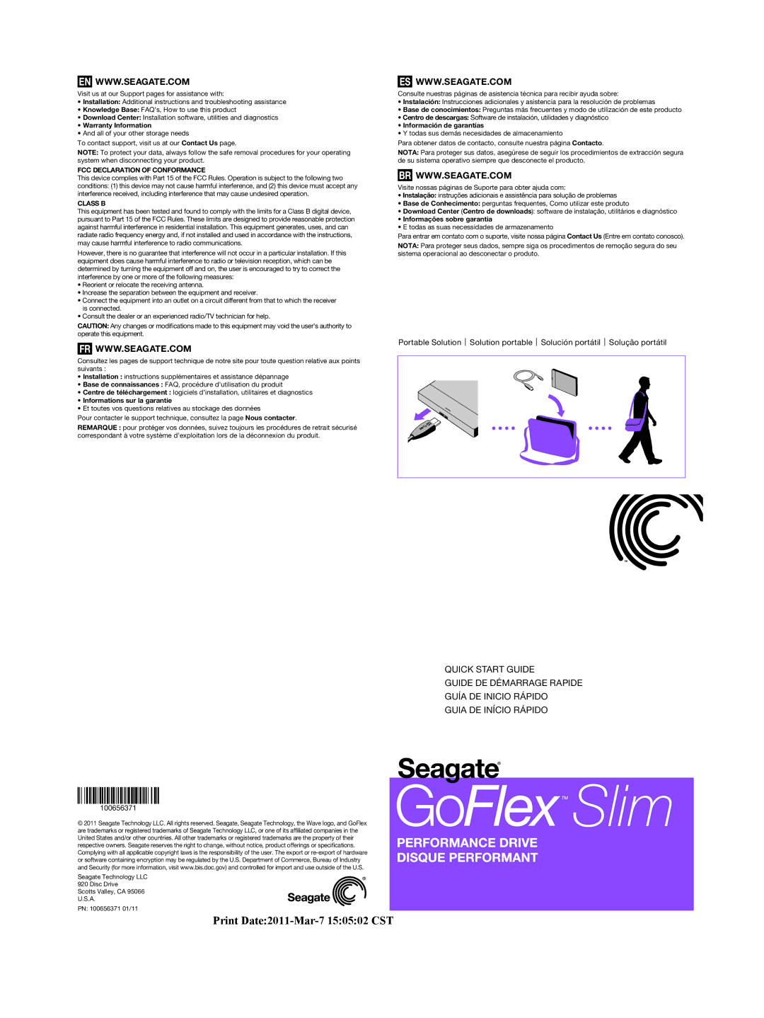 Seagate STBL500100, STBL320100 manual 100656371, FCC Declaration of Conformance, Class B 