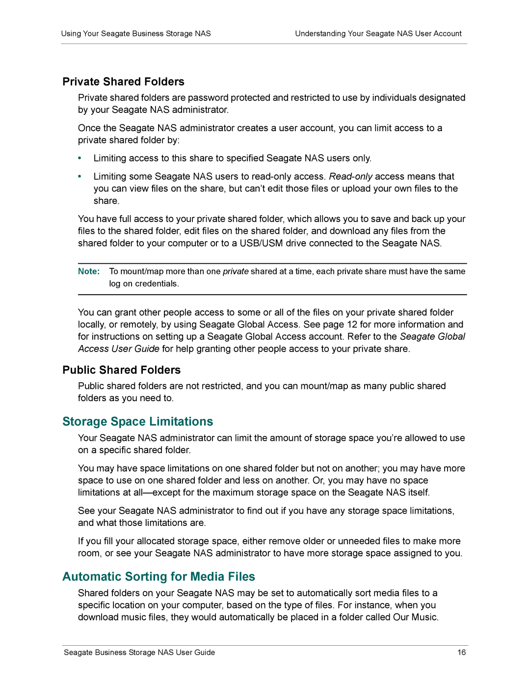 Seagate STBM3000100, STBP100 manual Storage Space Limitations, Automatic Sorting for Media Files, Private Shared Folders 