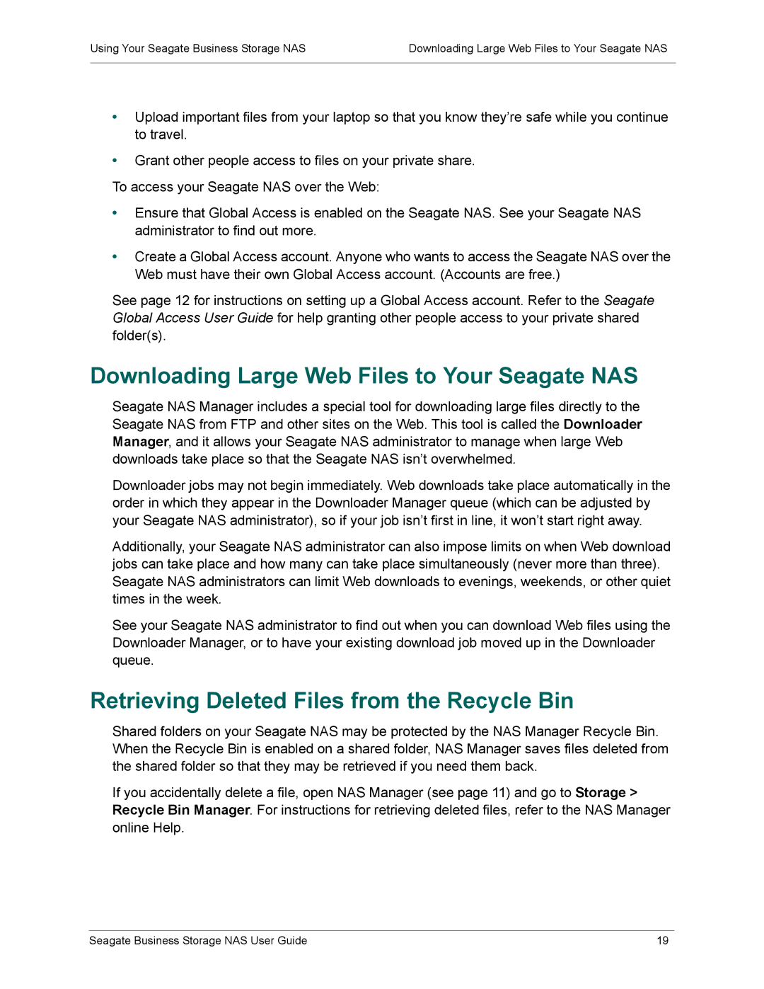 Seagate STBM4000100 manual Downloading Large Web Files to Your Seagate NAS, Retrieving Deleted Files from the Recycle Bin 