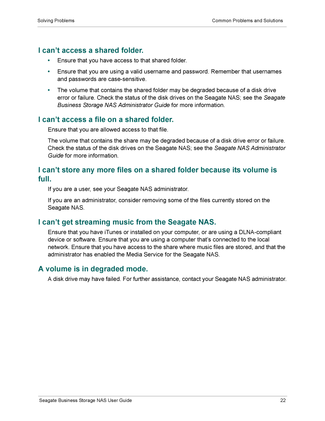 Seagate STBM2000100 manual Can’t access a shared folder, Can’t access a file on a shared folder, Volume is in degraded mode 