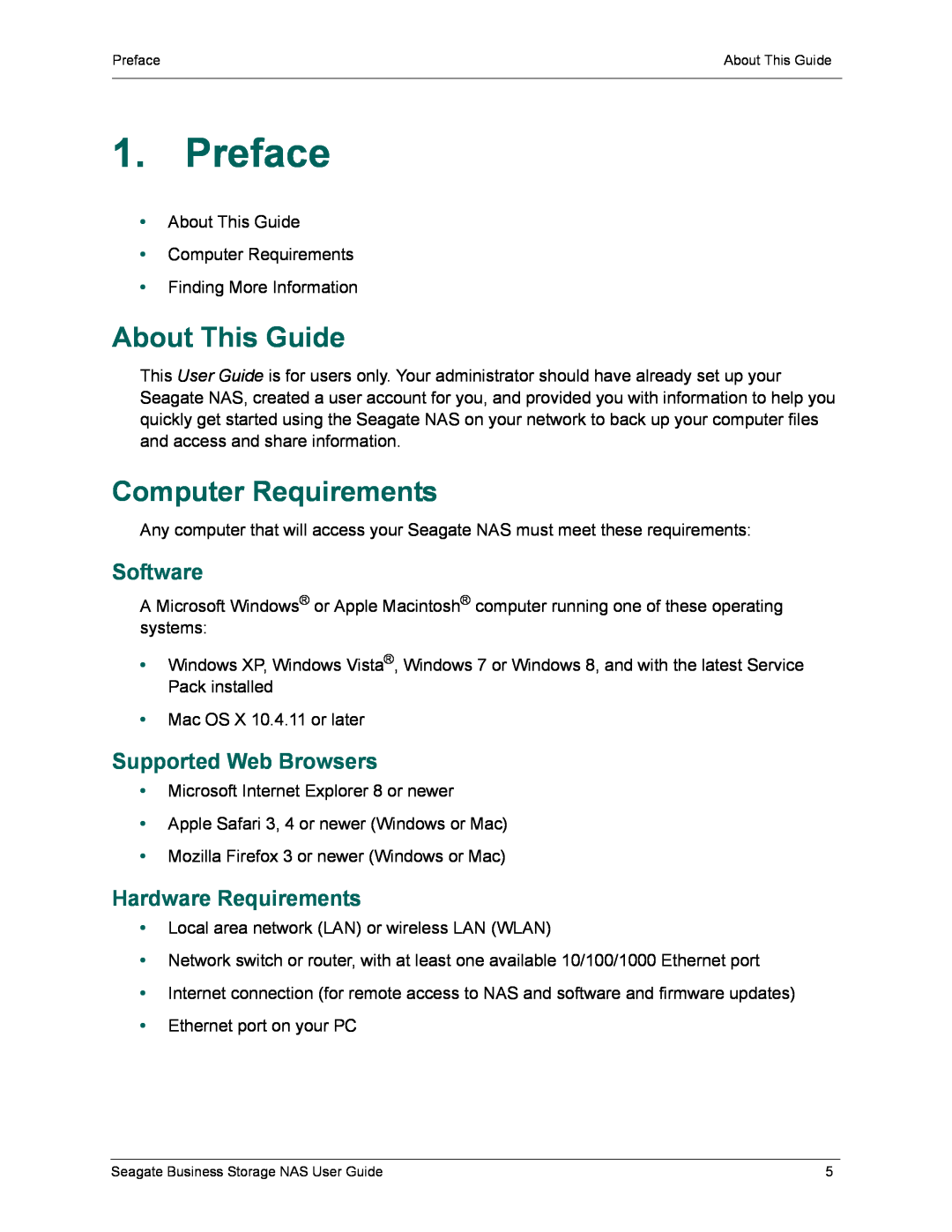 Seagate STBP100 Preface, About This Guide, Computer Requirements, Software, Supported Web Browsers, Hardware Requirements 
