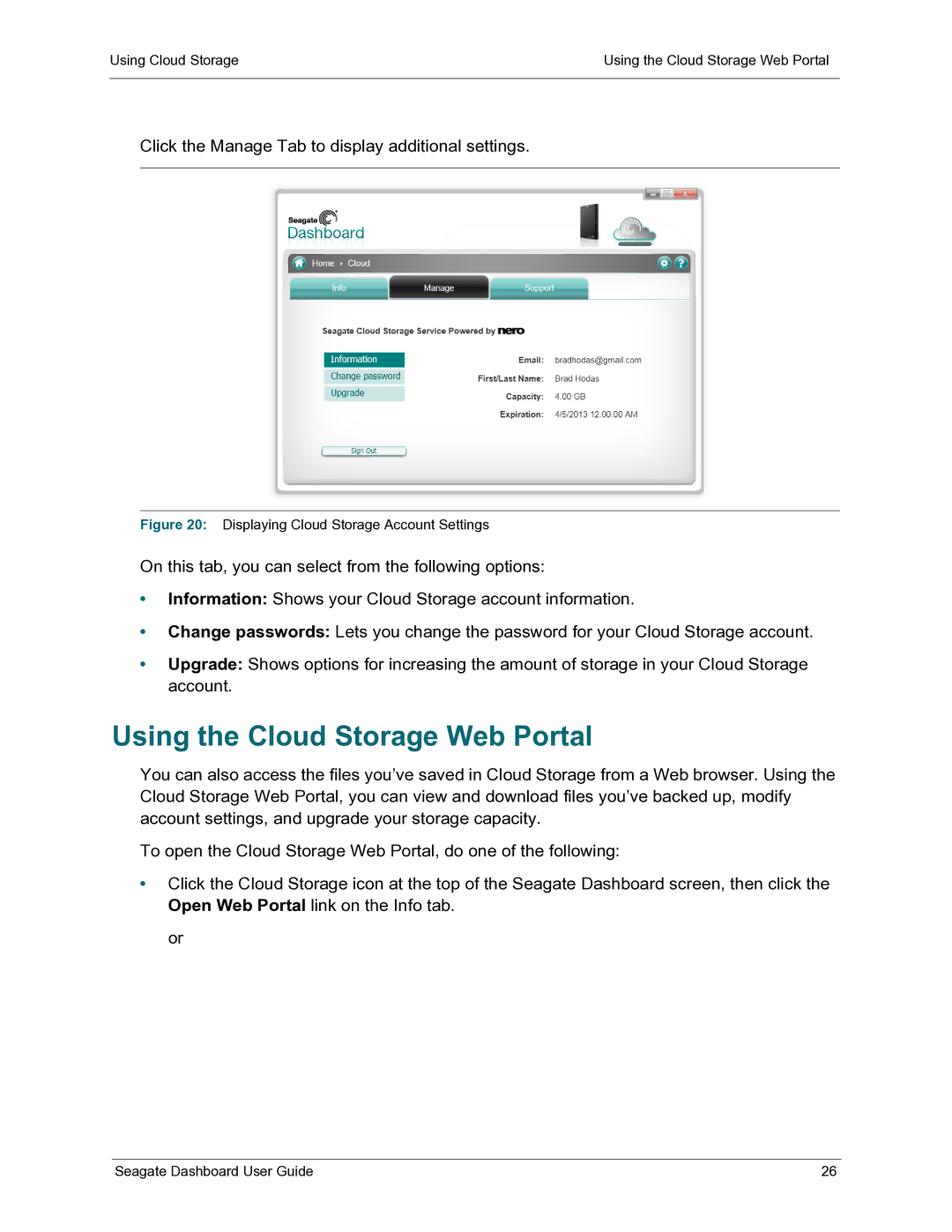 Seagate STCA3000101, STCB4000102, STCB3000900 Using the Cloud Storage Web Portal, Displaying Cloud Storage Account Settings 