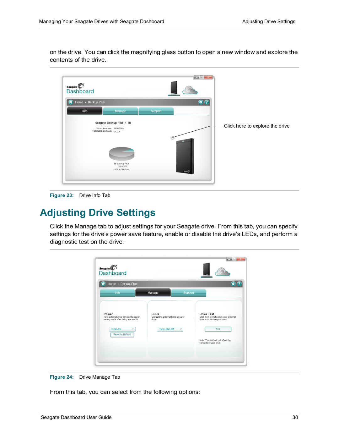 Seagate STBU1000100, STCB4000102 manual Adjusting Drive Settings, From this tab, you can select from the following options 