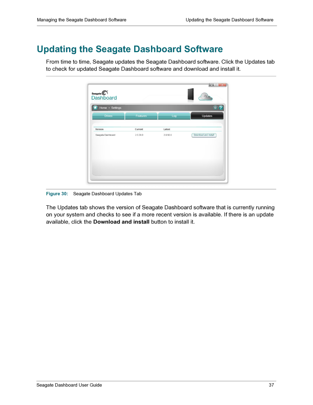 Seagate STBW500100, STCB4000102, STCB3000900 manual Updating the Seagate Dashboard Software, Seagate Dashboard Updates Tab 