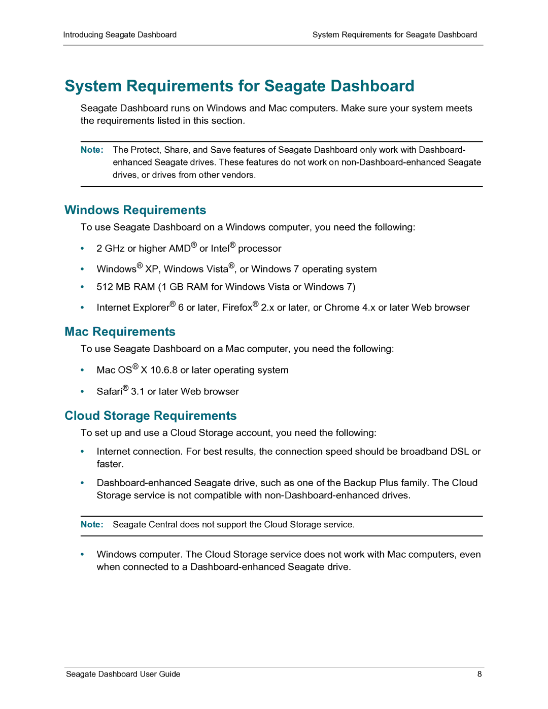 Seagate STBU1000103, STCB4000102, STCB3000900, STCB3000100 System Requirements for Seagate Dashboard, Windows Requirements 