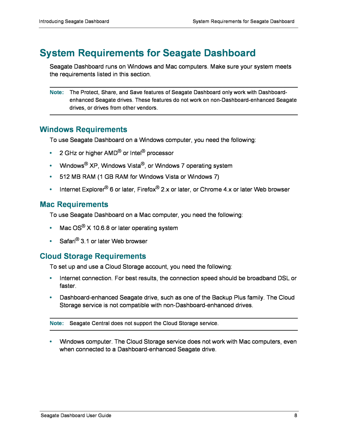 Seagate STBU1000103, STCB4000102 manual System Requirements for Seagate Dashboard, Windows Requirements, Mac Requirements 