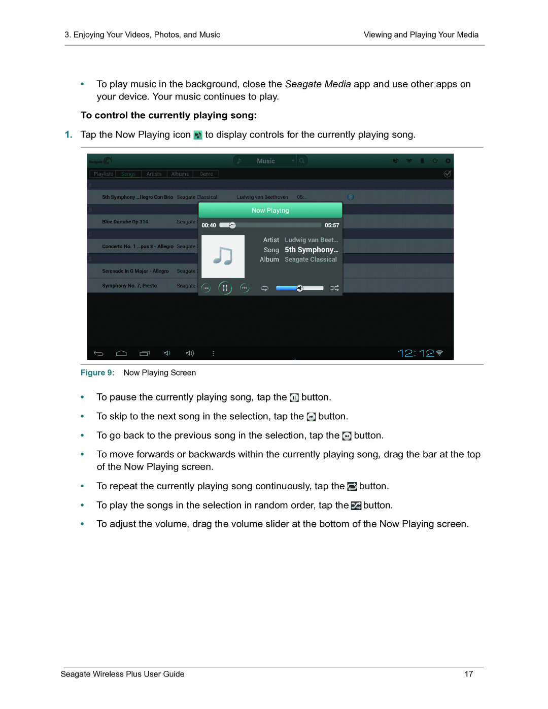 Seagate STCK1000100 manual To control the currently playing song, Now Playing Screen 