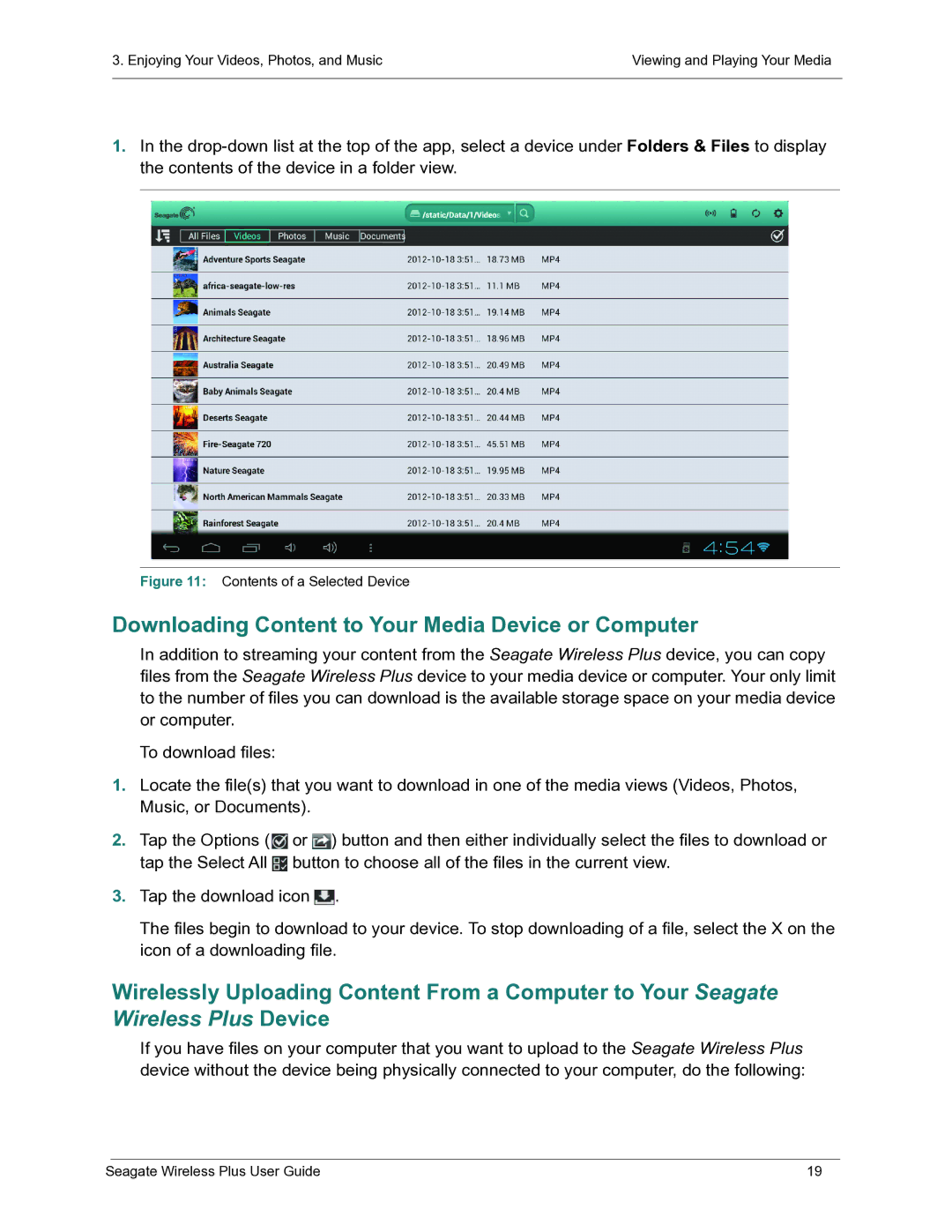 Seagate STCK1000100 manual Downloading Content to Your Media Device or Computer, Contents of a Selected Device 