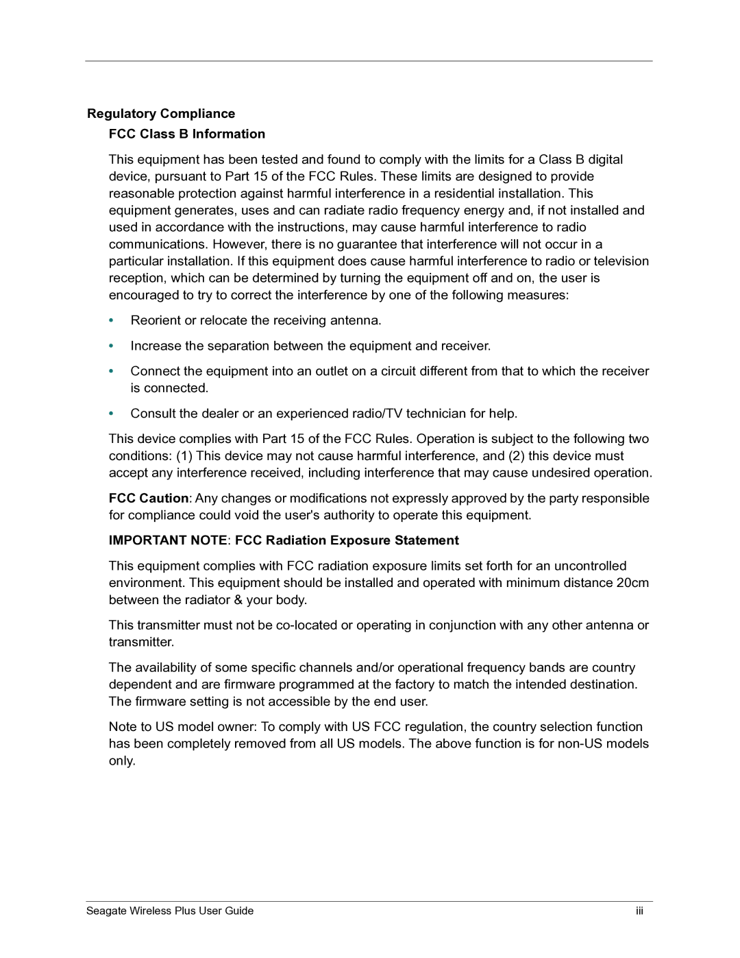 Seagate STCK1000100 manual Regulatory Compliance FCC Class B Information, Important Note FCC Radiation Exposure Statement 