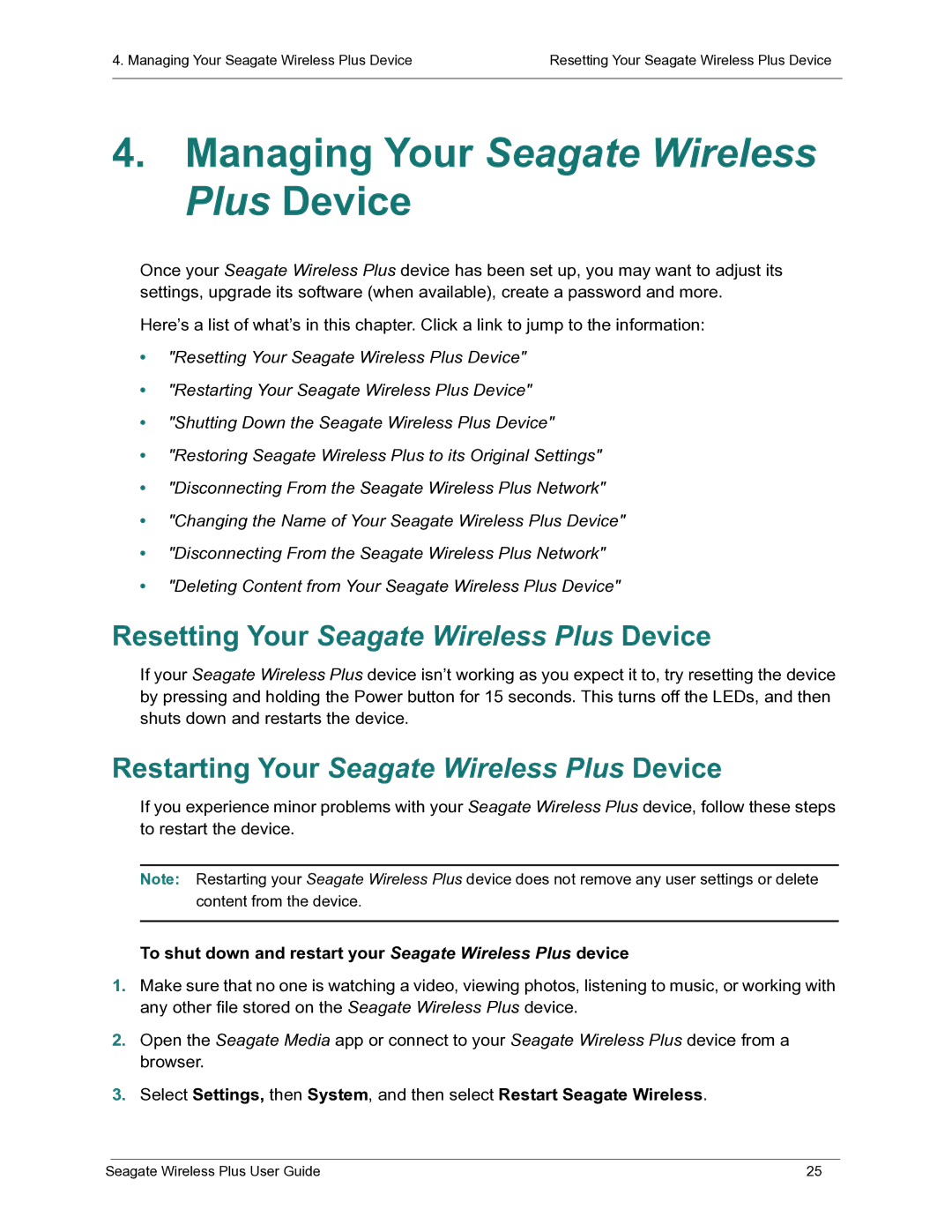 Seagate STCK1000100 manual Restarting Your Seagate Wireless Plus Device 