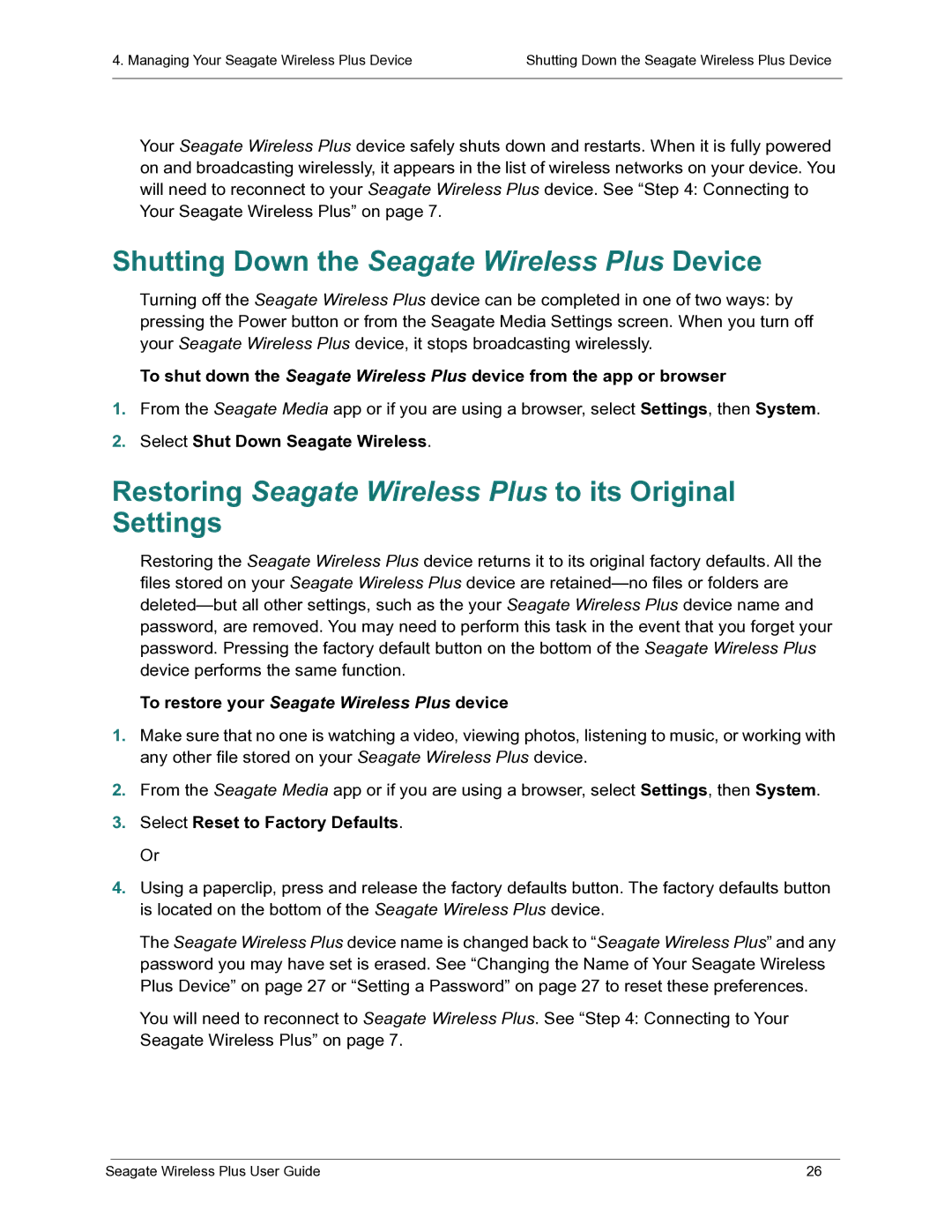 Seagate STCK1000100 manual Shutting Down the Seagate Wireless Plus Device, Select Shut Down Seagate Wireless 