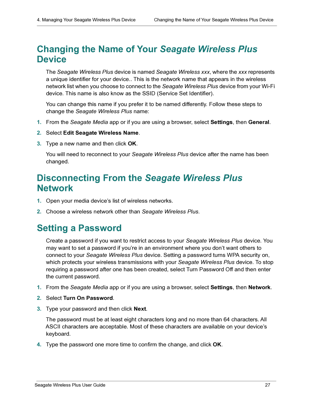 Seagate STCK1000100 Changing the Name of Your Seagate Wireless Plus Device, Setting a Password, Select Turn On Password 