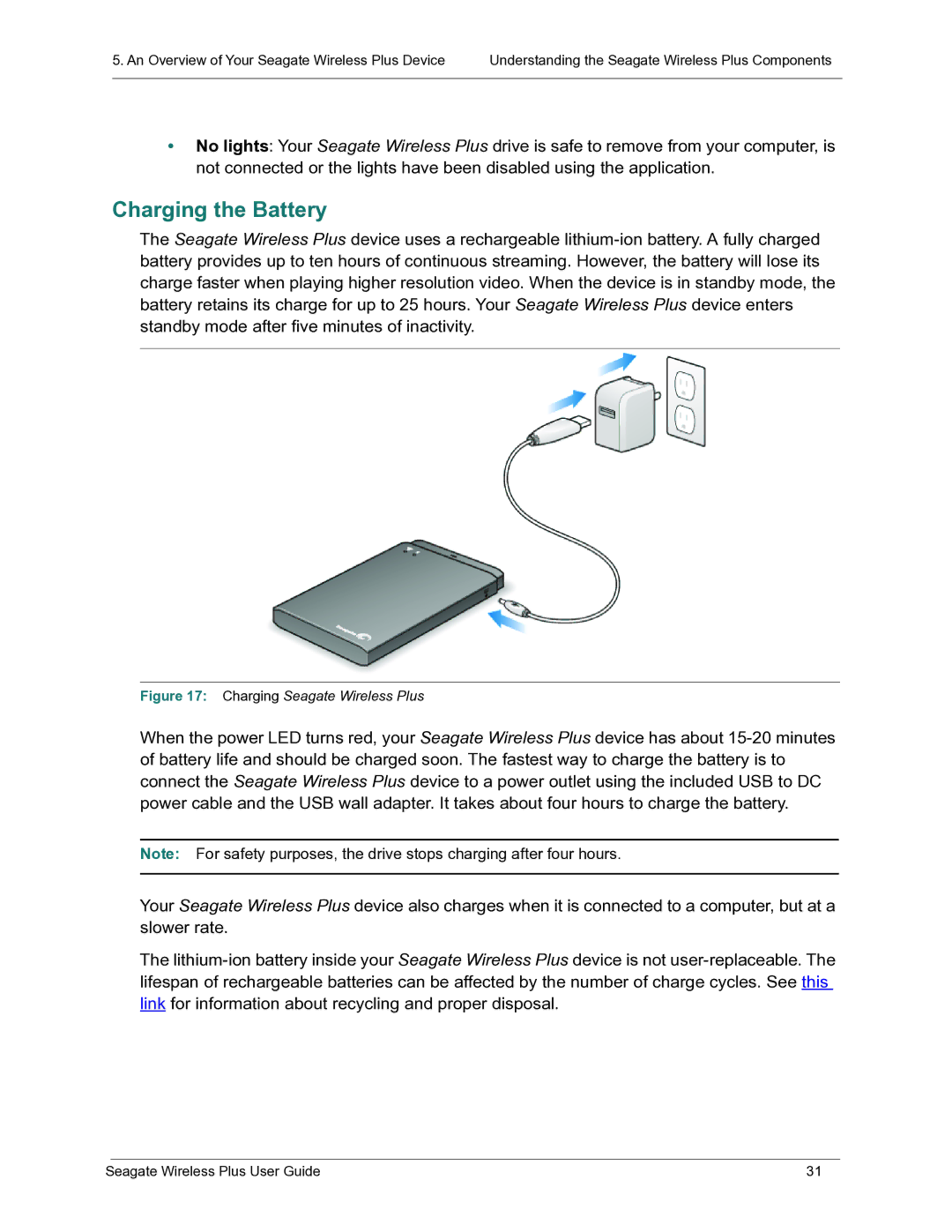 Seagate STCK1000100 manual Charging the Battery, Charging Seagate Wireless Plus 