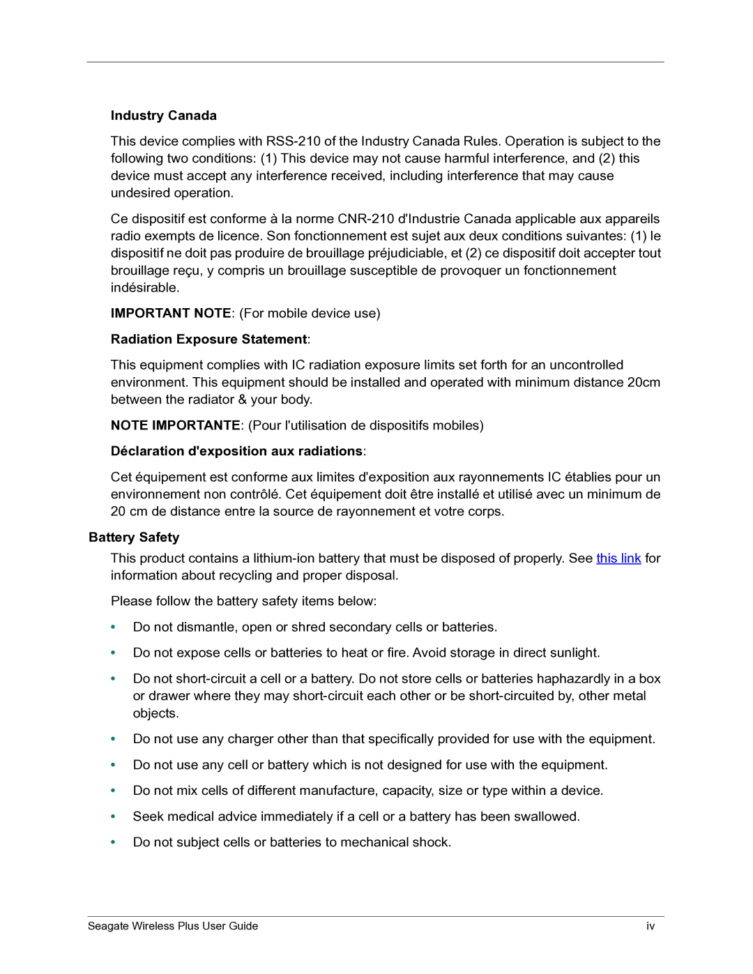 Seagate STCK1000100 Industry Canada, Radiation Exposure Statement, Déclaration dexposition aux radiations, Battery Safety 