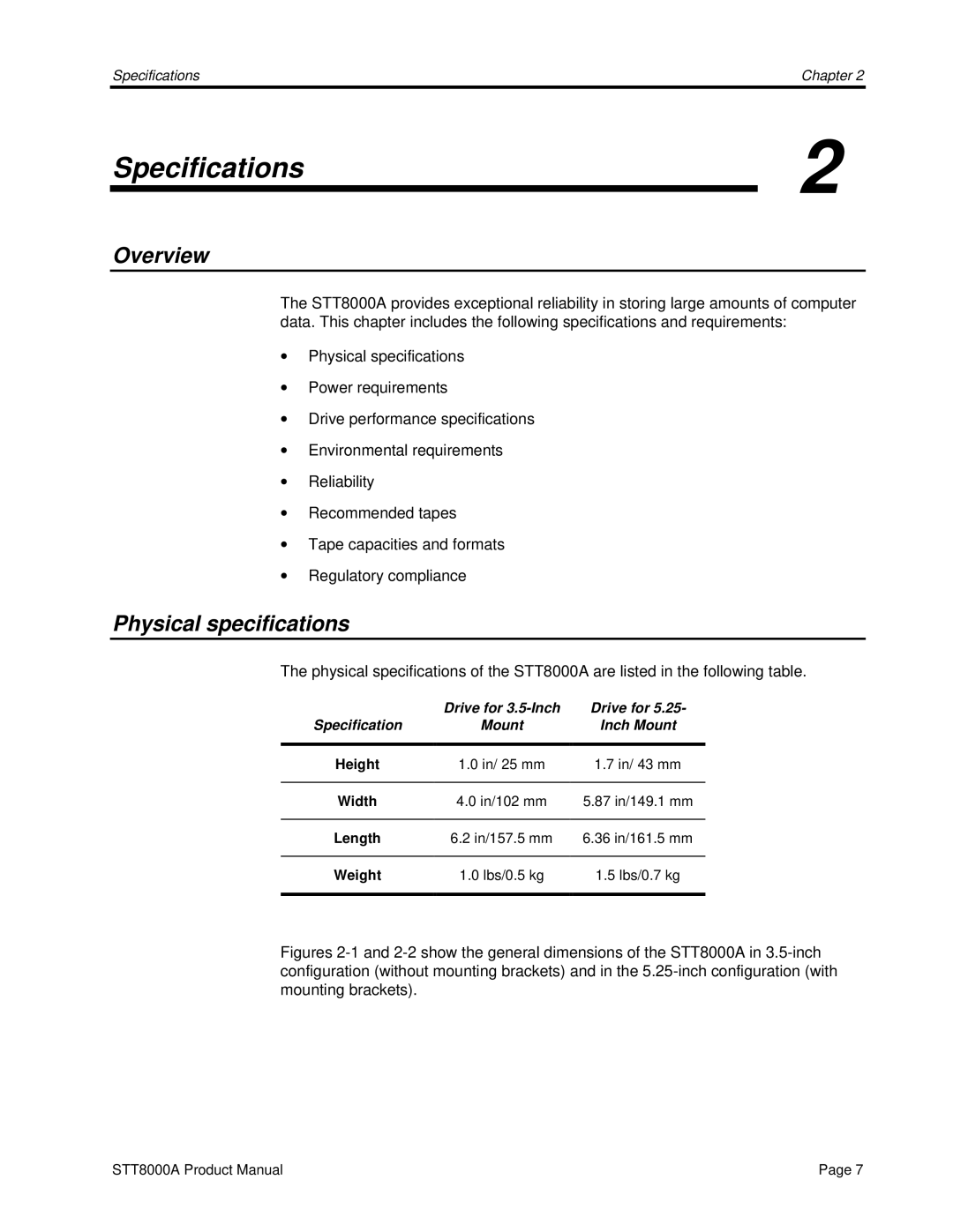 Seagate STT8000A manual Specifications, Overview, Physical specifications 