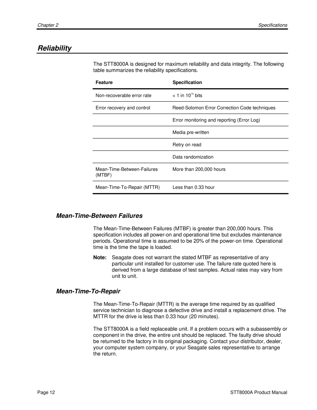 Seagate STT8000A manual Reliability, Mean-Time-Between Failures, Mean-Time-To-Repair 