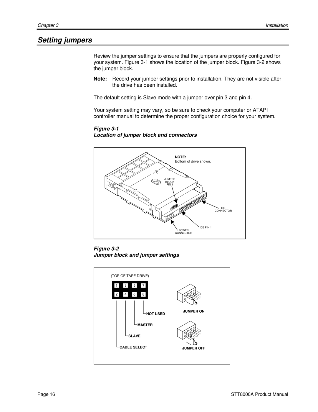 Seagate STT8000A manual Setting jumpers, Jumper block and jumper settings 