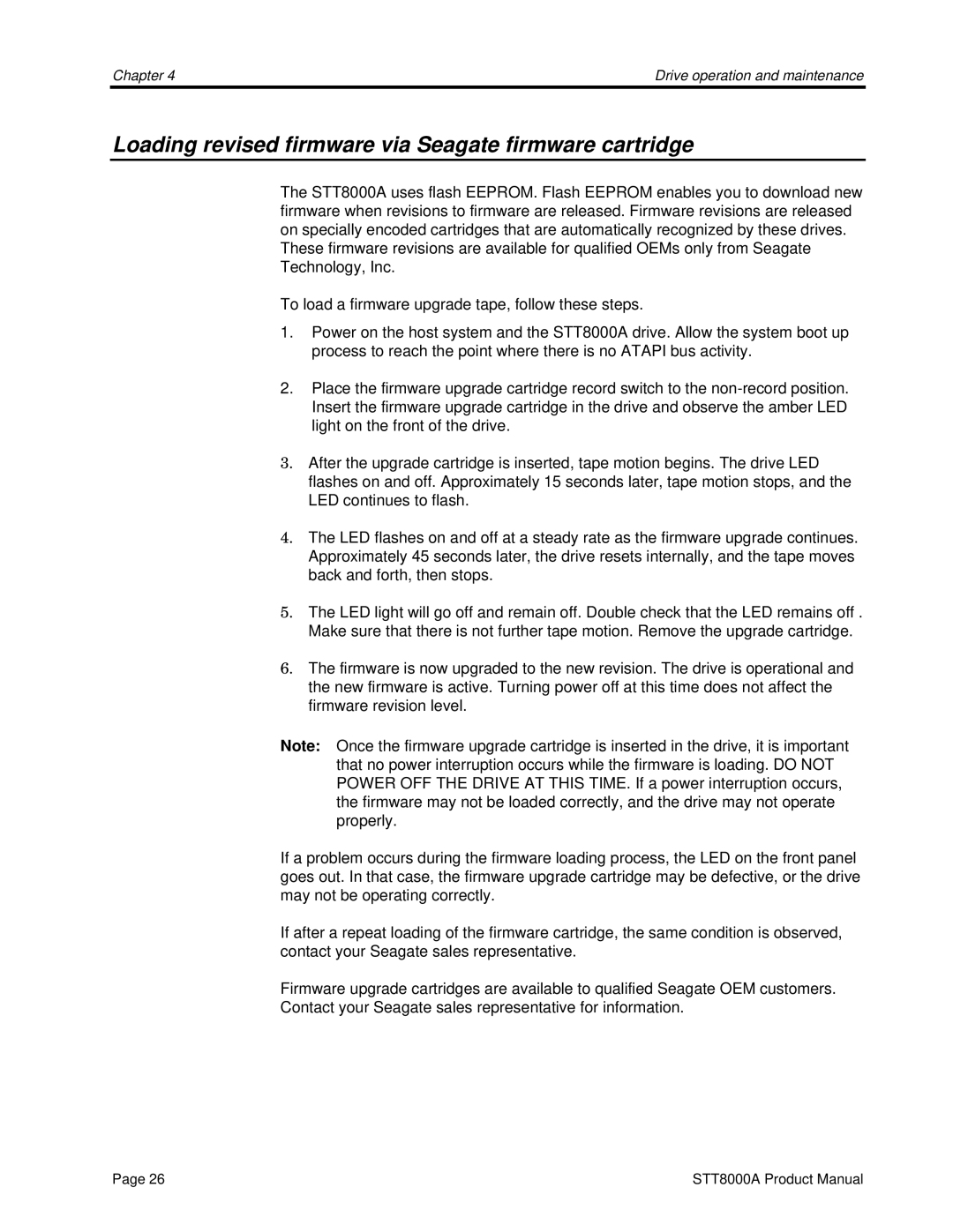 Seagate STT8000A manual Loading revised firmware via Seagate firmware cartridge 