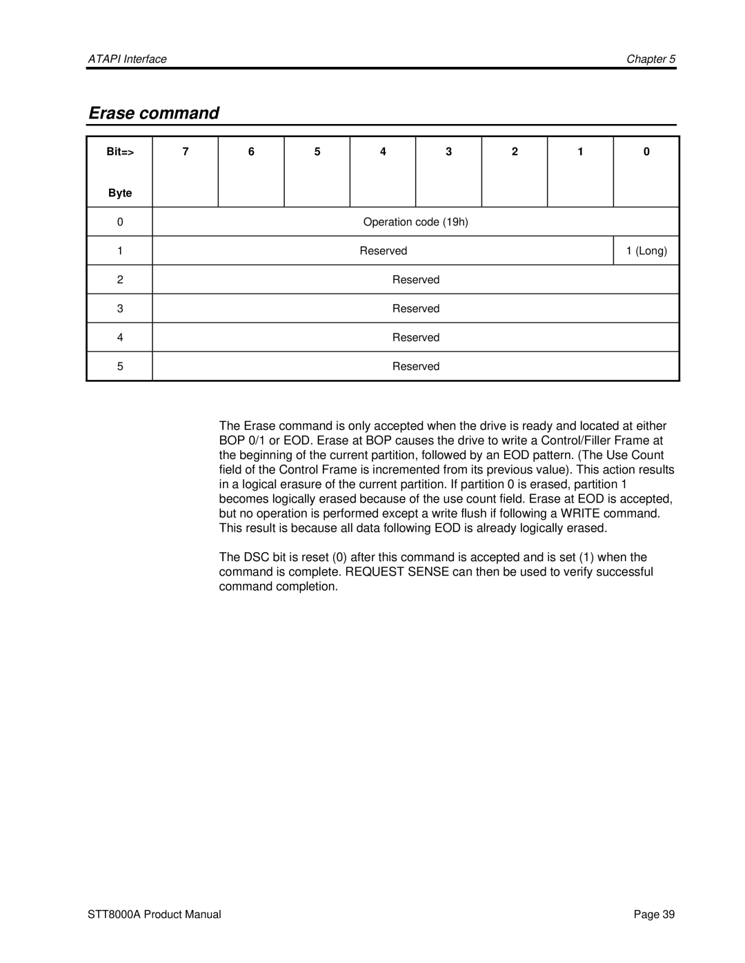 Seagate STT8000A manual Erase command 