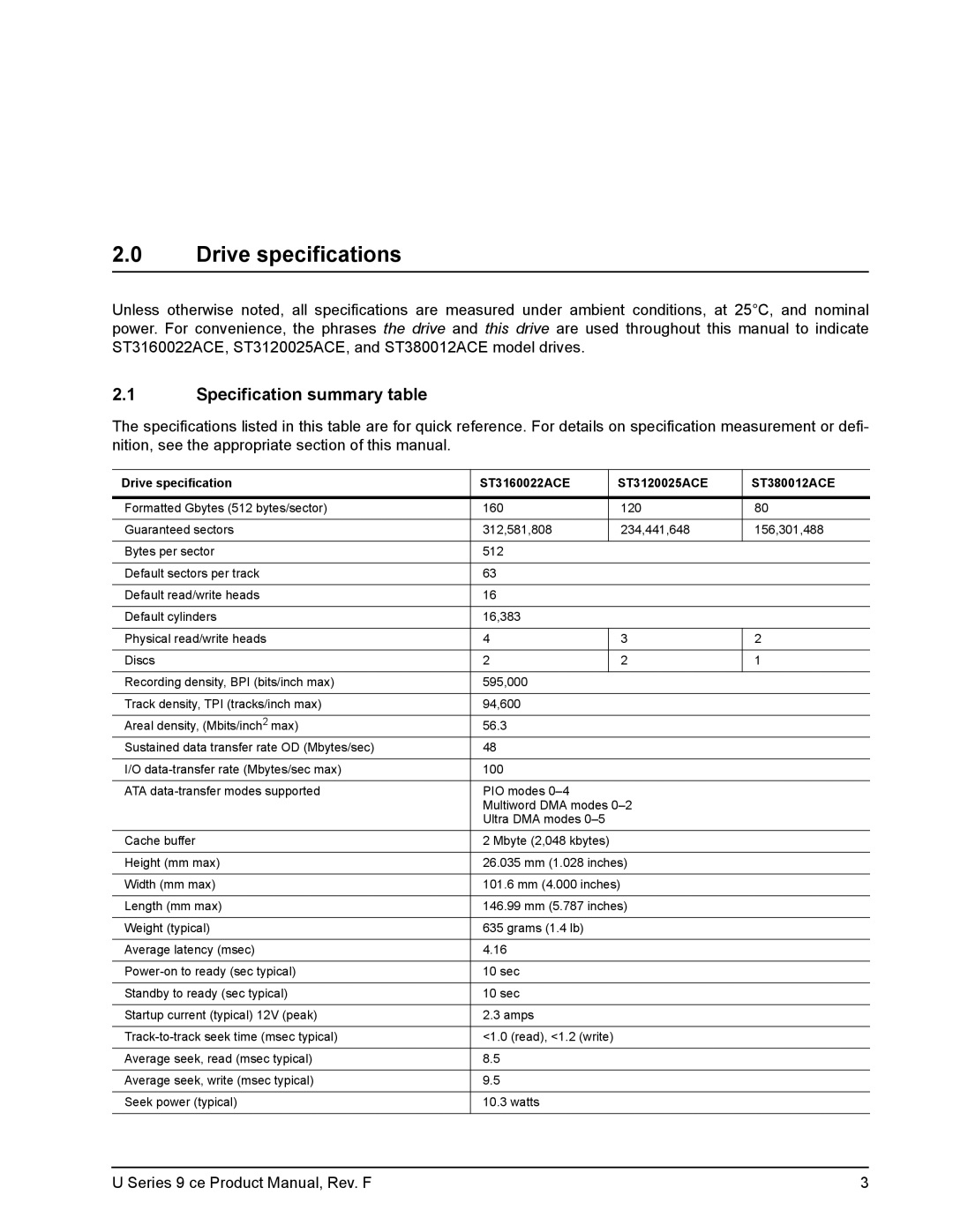 Seagate U Series 9 CE manual Drive specifications, Specification summary table 