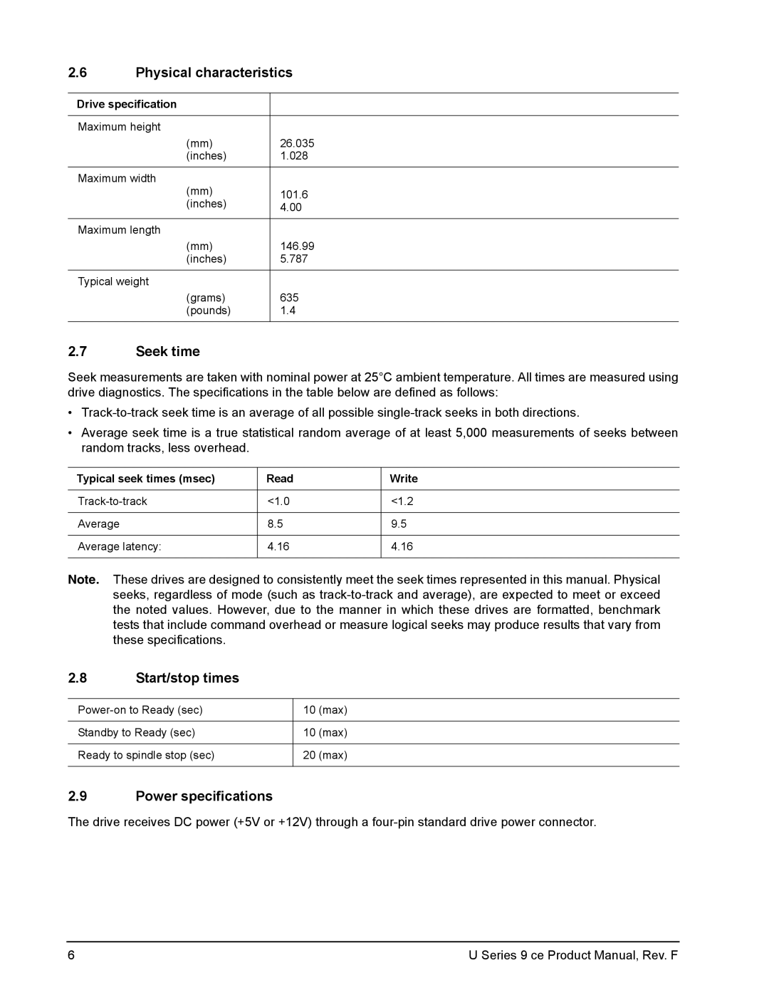 Seagate U Series 9 CE manual Physical characteristics, Seek time, Start/stop times, Power specifications 