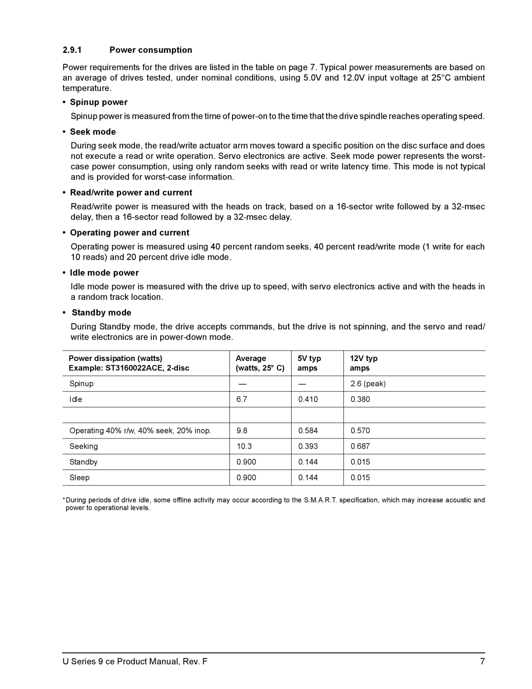 Seagate U Series 9 CE manual Power consumption, Spinup power, Seek mode, Read/write power and current, Idle mode power 