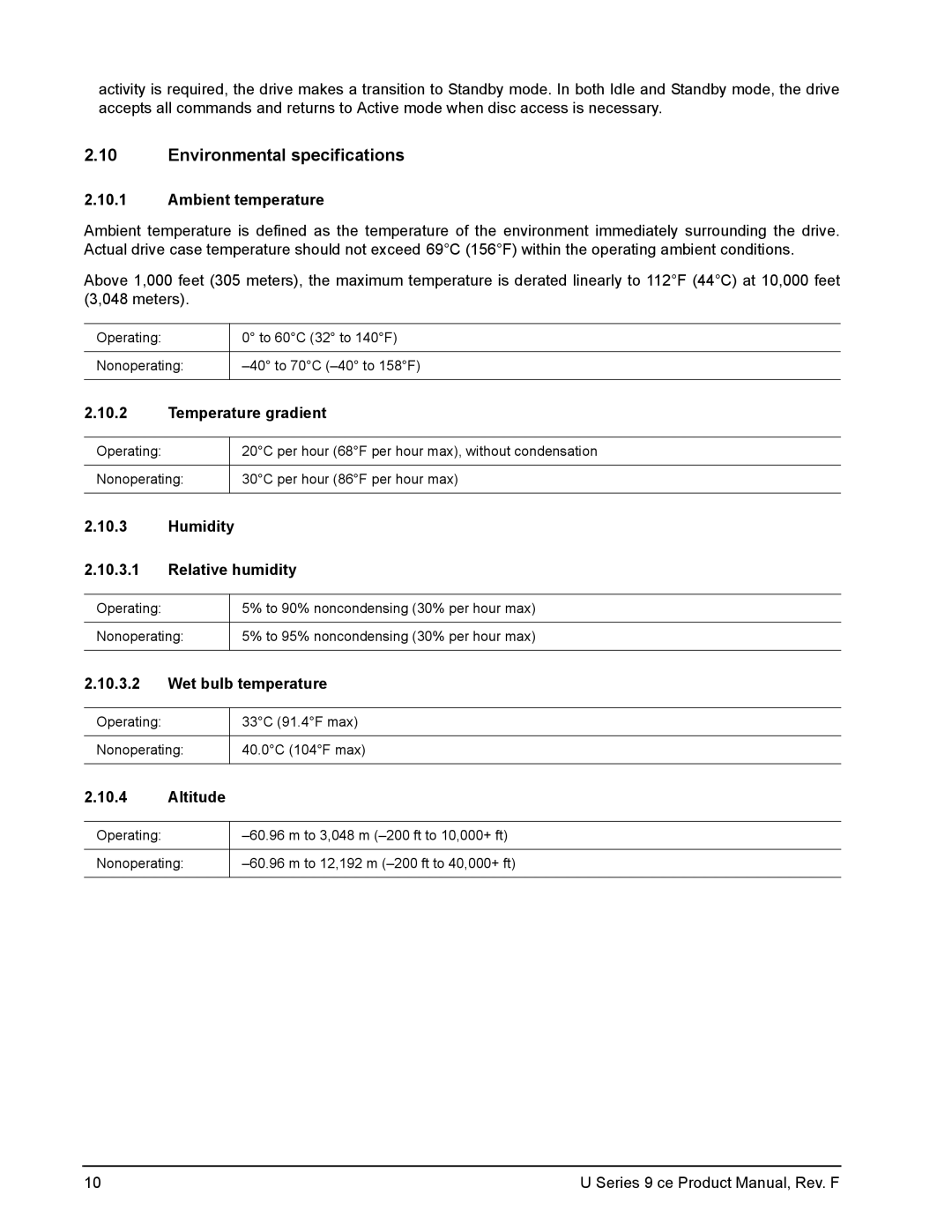 Seagate U Series 9 CE manual Environmental specifications 