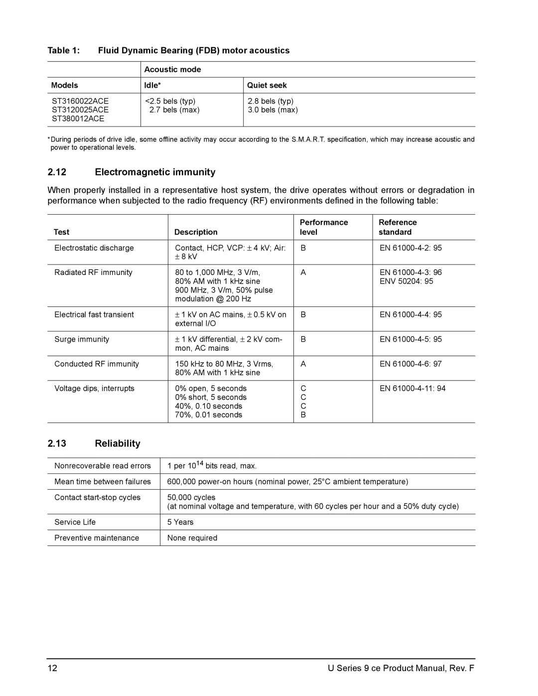 Seagate U Series 9 CE manual Electromagnetic immunity, Reliability, Fluid Dynamic Bearing FDB motor acoustics 