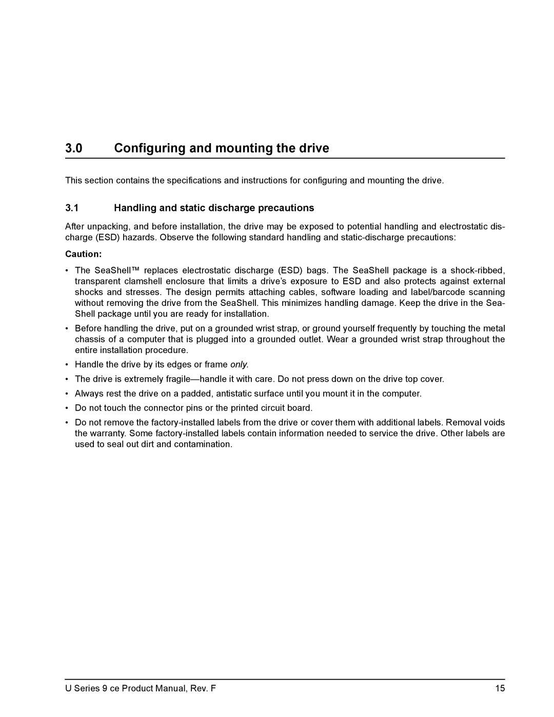 Seagate U Series 9 CE manual Configuring and mounting the drive, Handling and static discharge precautions 